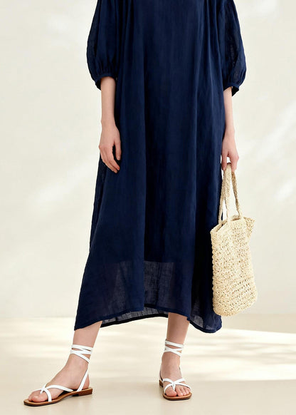 New Navy O Neck Print Linen Long Dress Summer