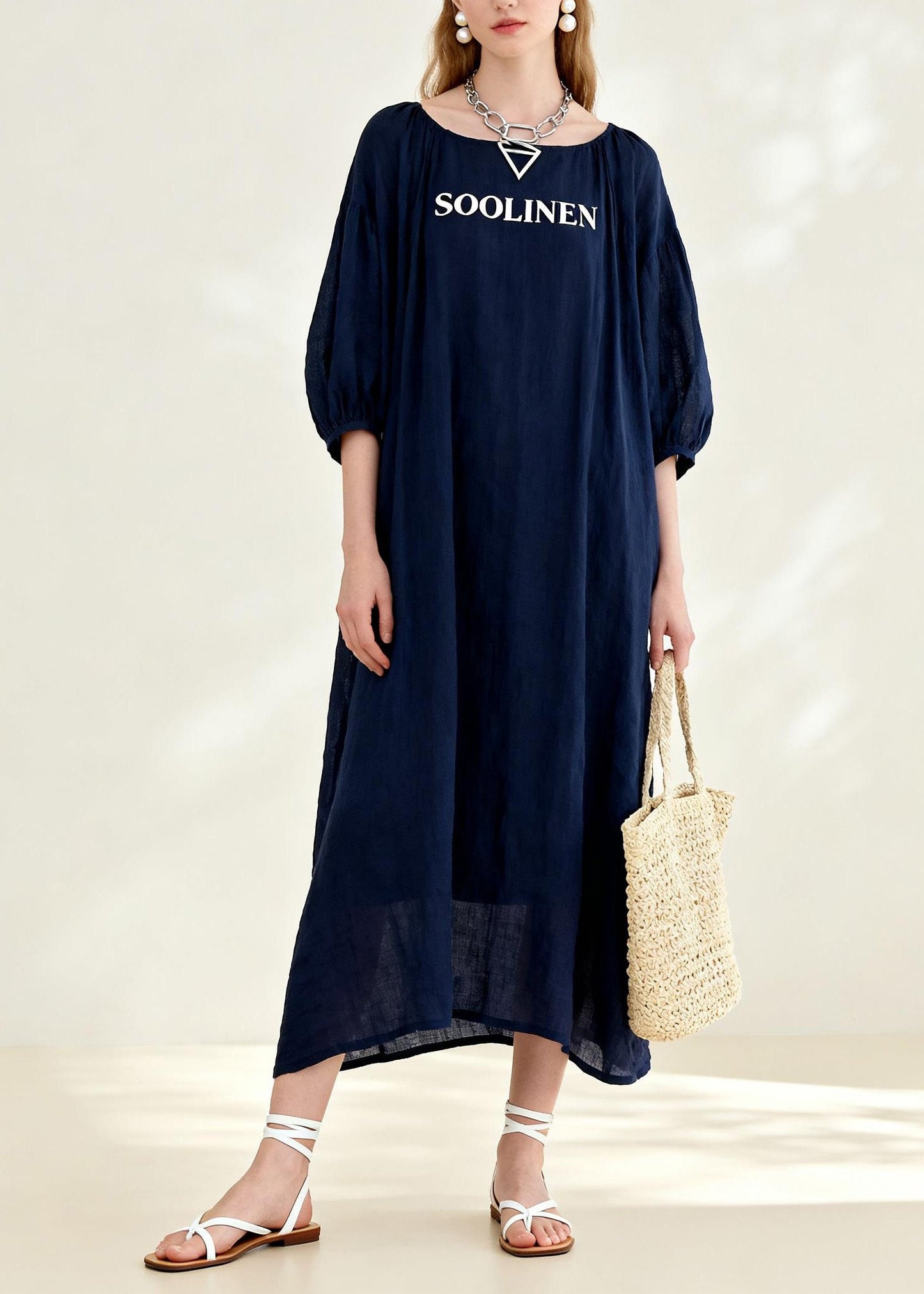 New Navy O Neck Print Linen Long Dress Summer