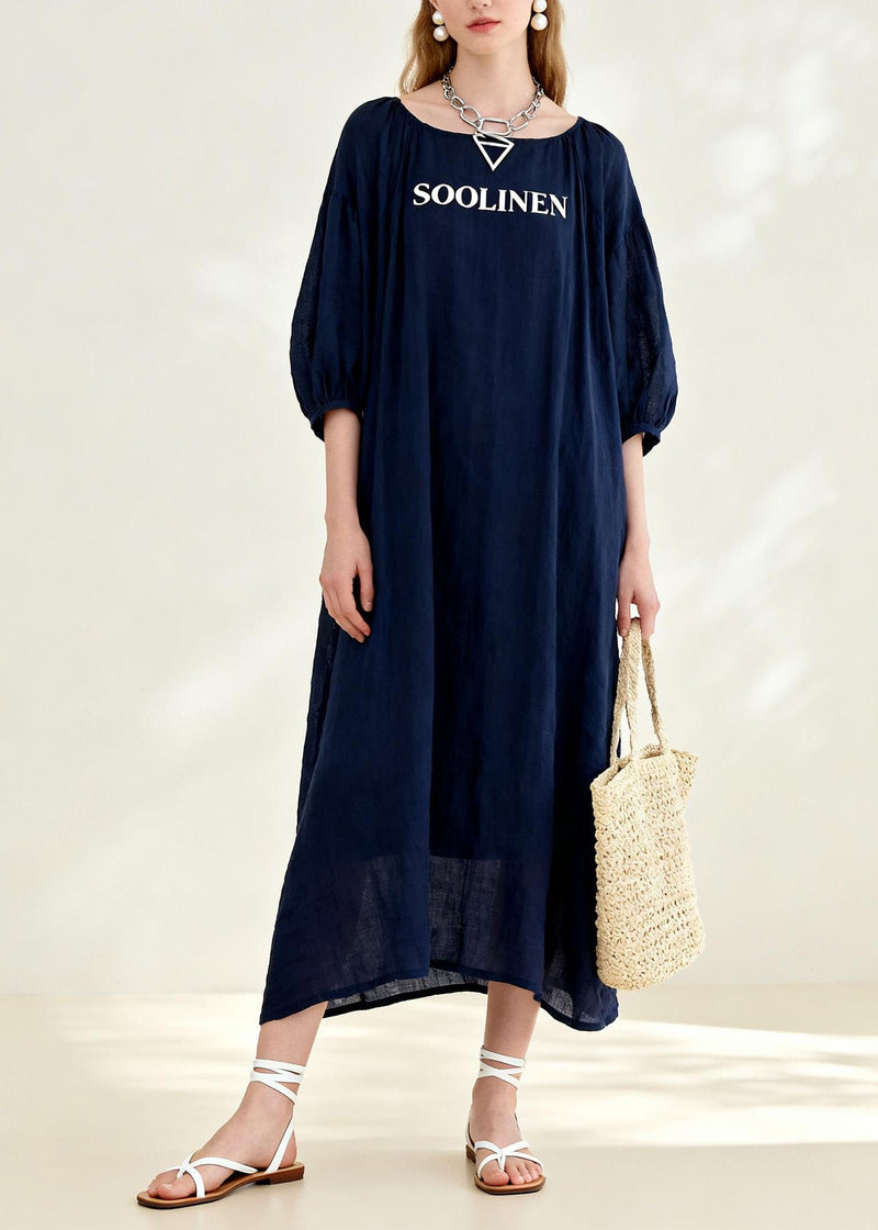 New Navy O Neck Print Linen Long Dress Summer