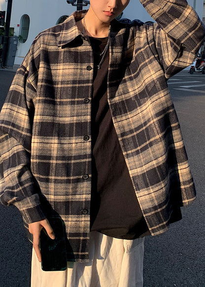 New Navy Peter Pan Collar Plaid Woolen Shirts Coat Spring