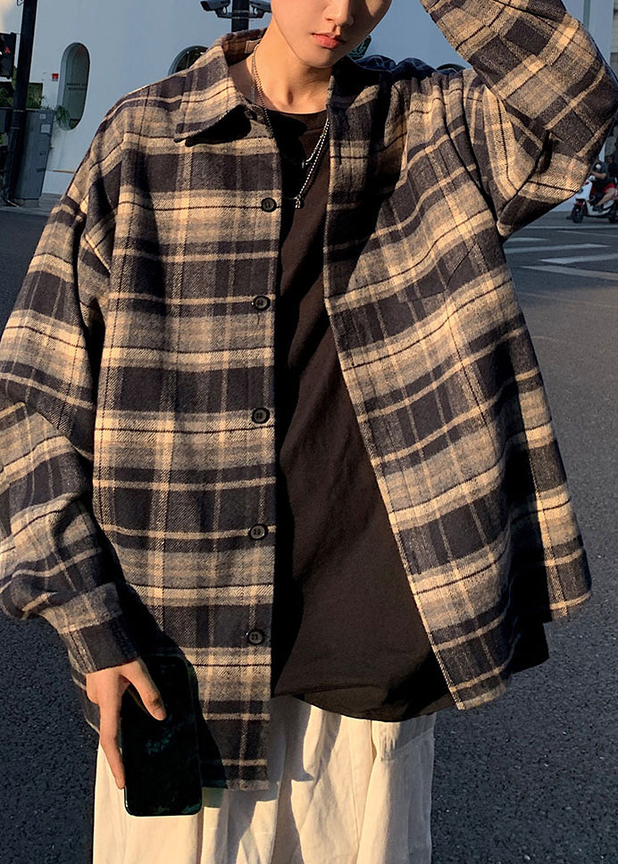 New Navy Peter Pan Collar Plaid Woolen Shirts Coat Spring
