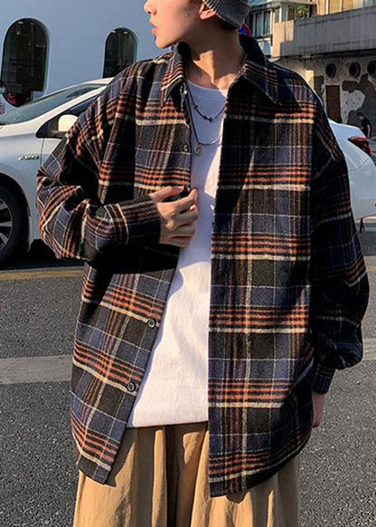 New Navy Peter Pan Collar Plaid Woolen Shirts Coat Spring