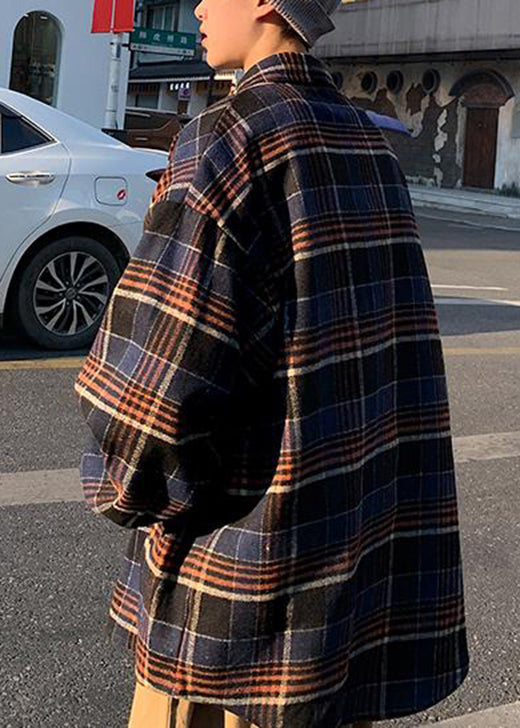 New Navy Peter Pan Collar Plaid Woolen Shirts Coat Spring