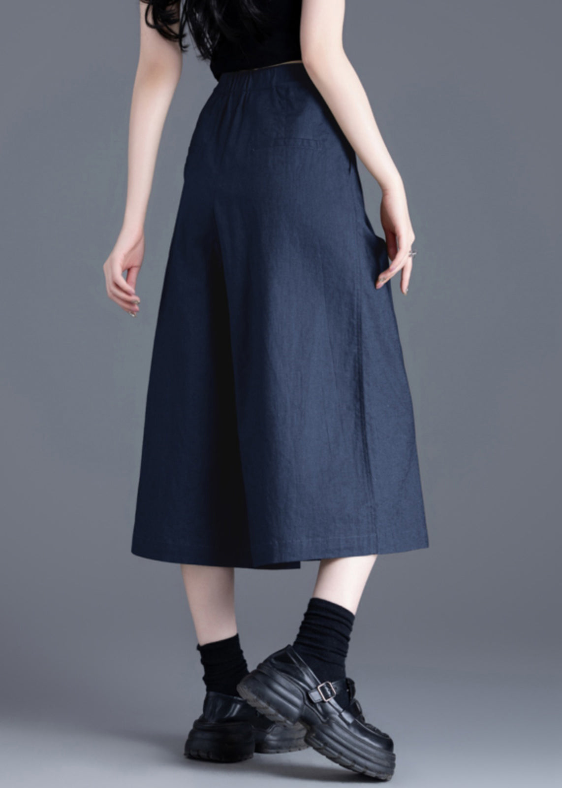 New Navy Pockets Elastic Waist Linen Crop Pants Summer