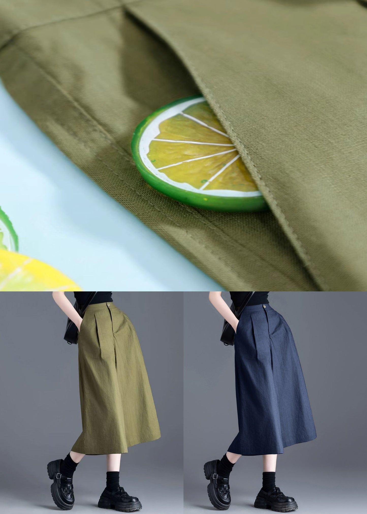 New Navy Pockets Elastic Waist Linen Crop Pants Summer