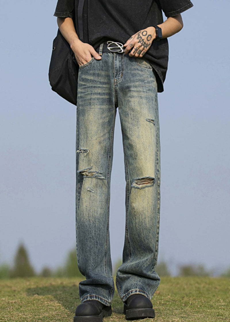 New Navy Pockets Ripped Denim Pants Fall