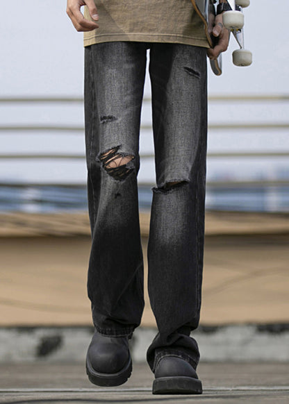 New Navy Pockets Ripped Denim Pants Fall