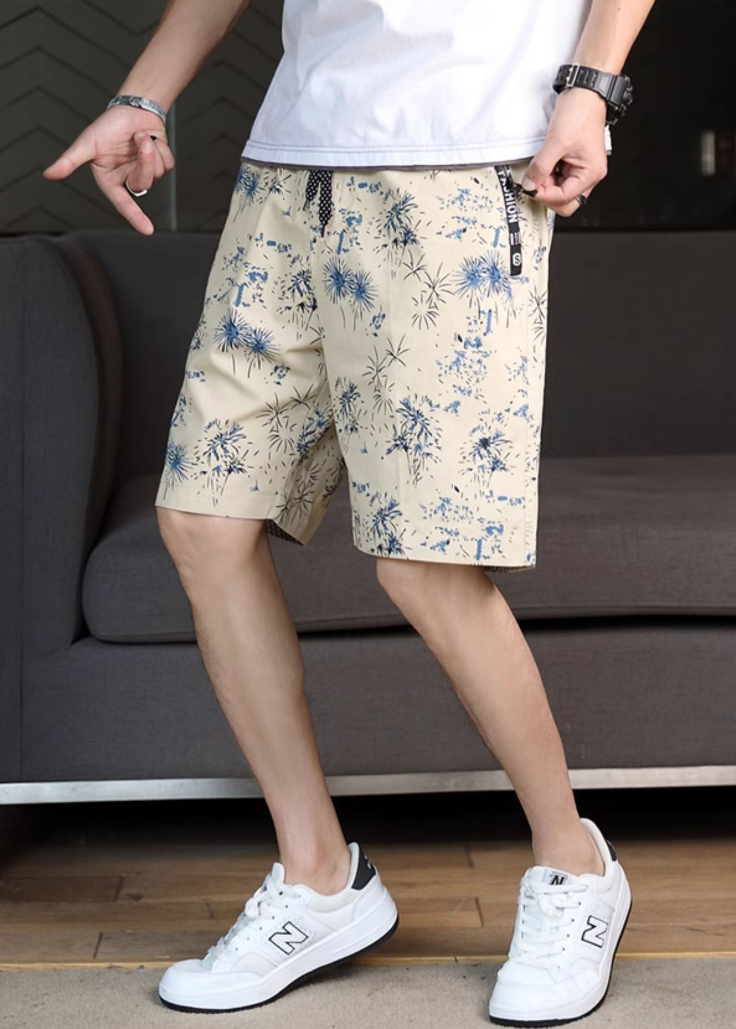 New Navy Print Elastic Waist Cotton Shorts Summer