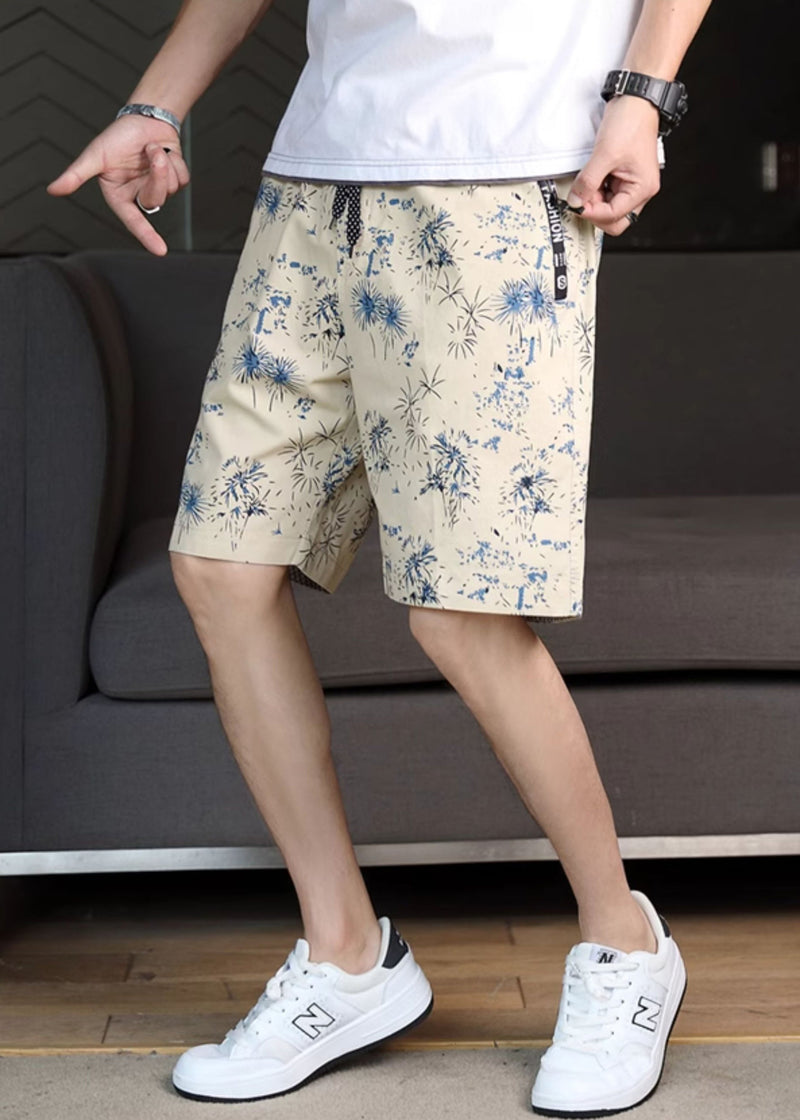 New Navy Print Elastic Waist Cotton Shorts Summer