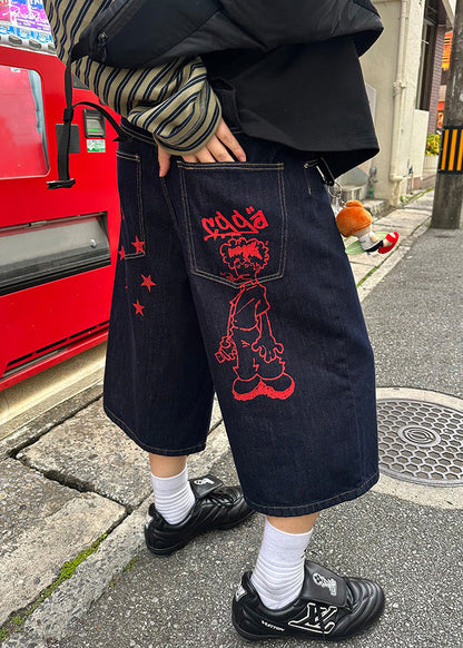 New Navy Print Pockets Denim Crop Pants Summer