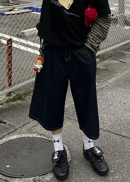 New Navy Print Pockets Denim Crop Pants Summer