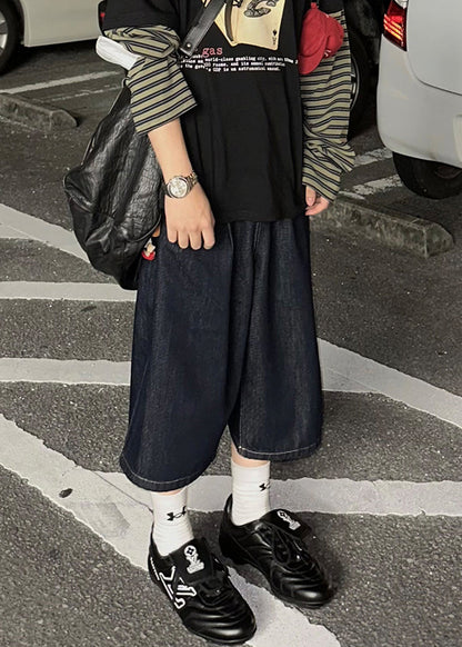 New Navy Print Pockets Denim Crop Pants Summer