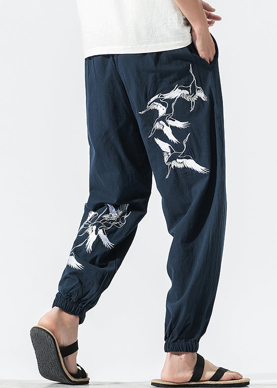 New Navy Print Pockets Elastic Waist Cotton Crop Pants Summer