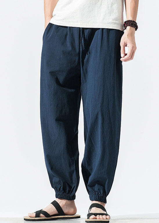 New Navy Print Pockets Elastic Waist Cotton Crop Pants Summer