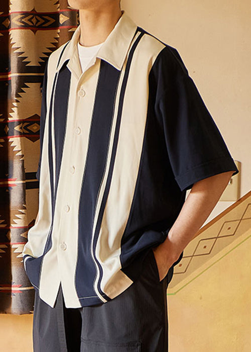 New Navy Striped Button Cotton Shirts Summer