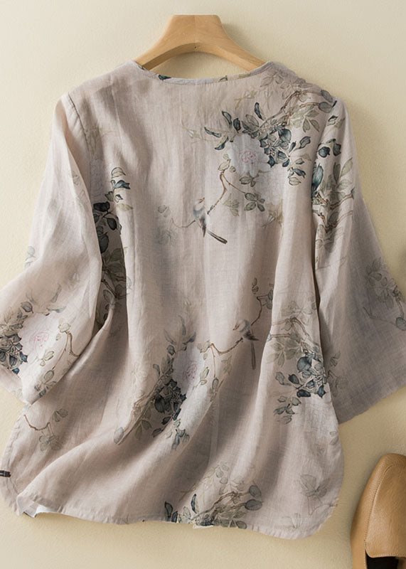 New O-neck Print Chinese Button Patchwork Linen Shirt Summer