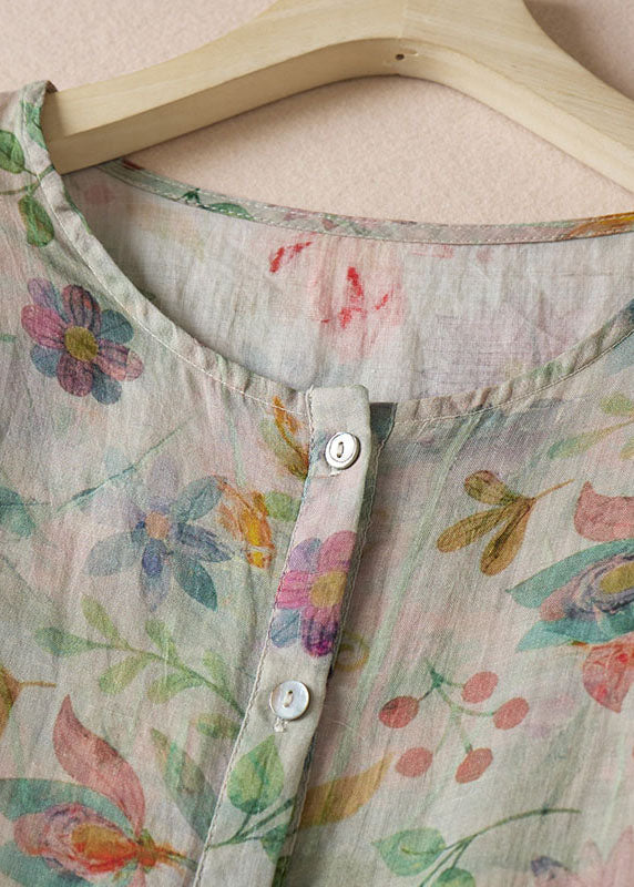 New O-neck Print Wrinkled Patchwork Cotton Shirt Top Half Sleeve