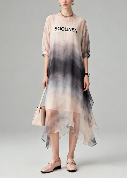 New O Neck Tie Dye Asymmetrical Design Chiffon Dress Summer