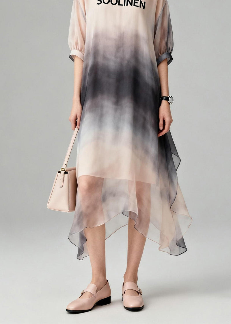 New O Neck Tie Dye Asymmetrical Design Chiffon Dress Summer