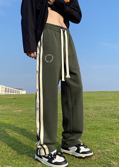 New Olive Green Elastic Waist Patchwork Cotton Pants Spring