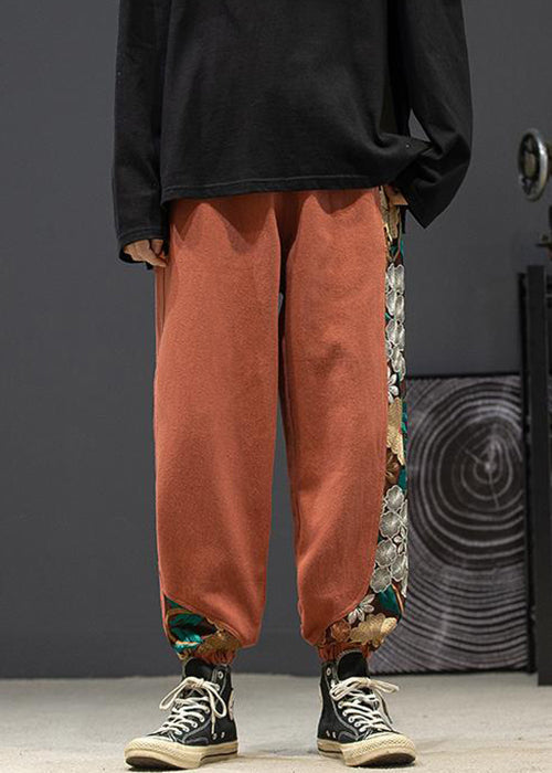 New Orange Embroideried Elastic Waist Cotton Beam Pants Fall