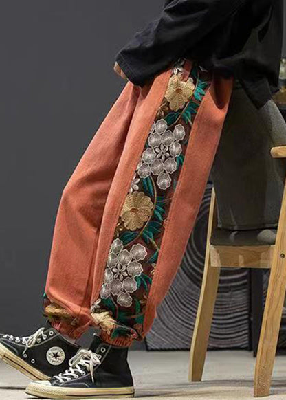New Orange Embroideried Elastic Waist Cotton Beam Pants Fall