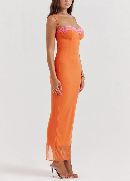 New Orange Lace Patchwork Tulle Maxi Spaghetti Strap Dress Sleeveless