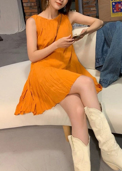 New Orange O Neck Cotton Mid Dress Sleeveless