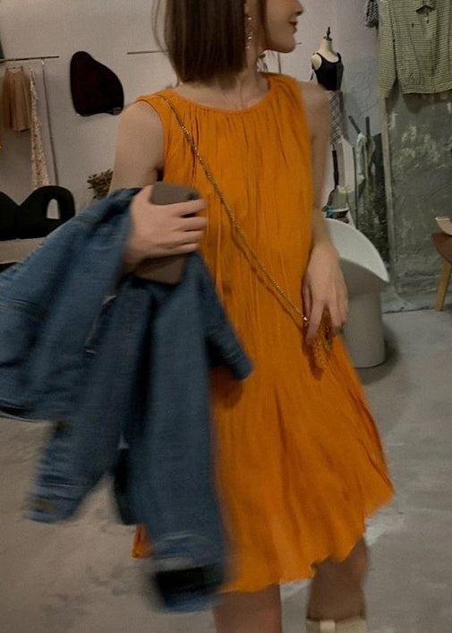 New Orange O Neck Cotton Mid Dress Sleeveless