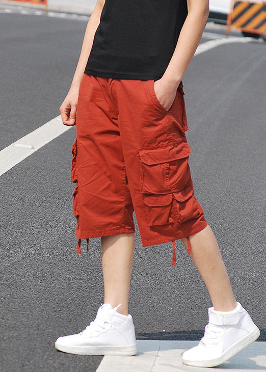 New Orange Pockets High Waist Cotton Crop Pants Summer