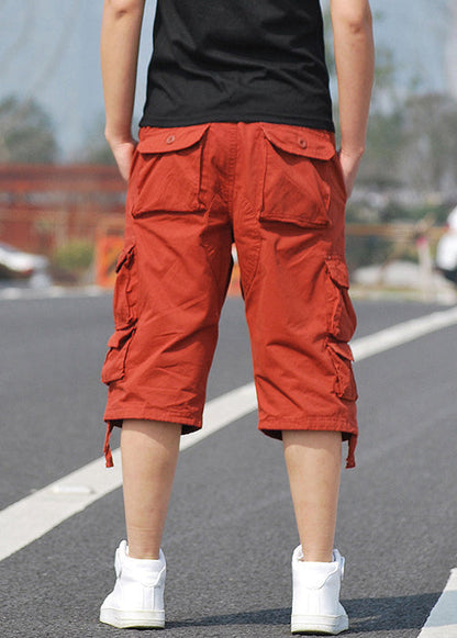 New Orange Pockets High Waist Cotton Crop Pants Summer