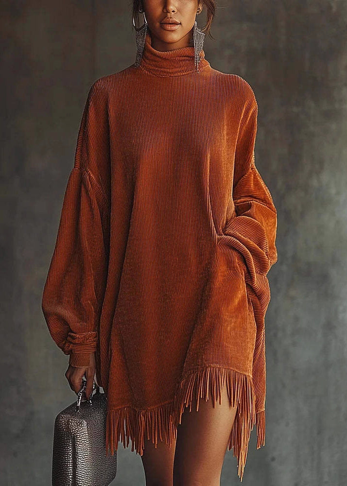 New Orange Tasseled Patchwork Corduroy Dresses Spring