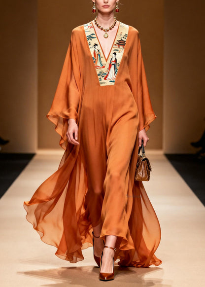 New Orange V Neck Print Patchwork Chiffon Long Dress Spring
