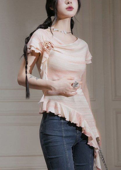 New Pink Asymmetrical Ruffled Cotton T Shirts Summer
