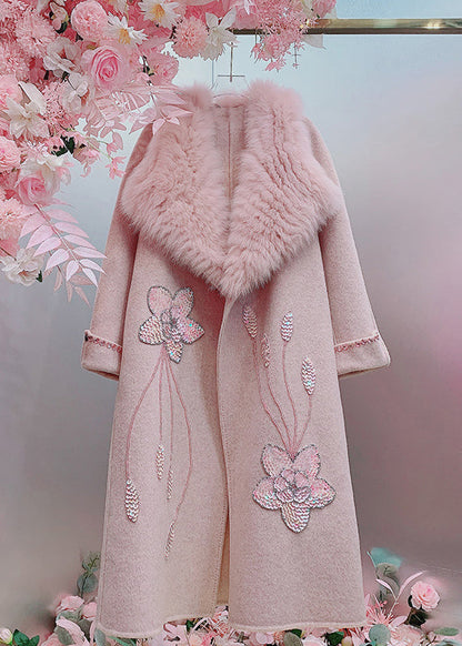 New Pink Fur Collar Sequins Nail Bead Wool Coat Spring