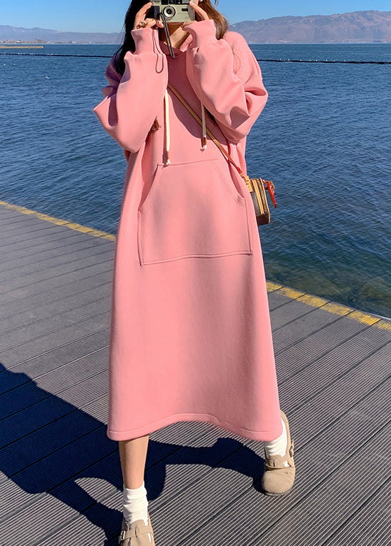 New Pink Hooded Pockets Cotton Dresses Spring