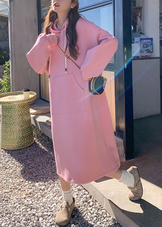 New Pink Hooded Pockets Cotton Dresses Spring