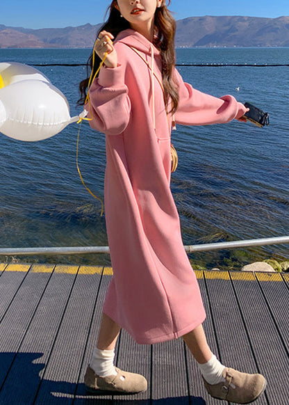 New Pink Hooded Pockets Cotton Dresses Spring
