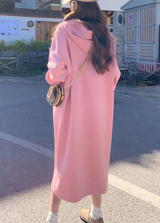 New Pink Hooded Pockets Cotton Dresses Spring