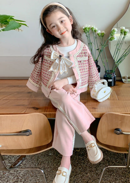 New Pink O-neck Bow Button Kids Top and Wide Leg Pants Two Pieces Set Spring