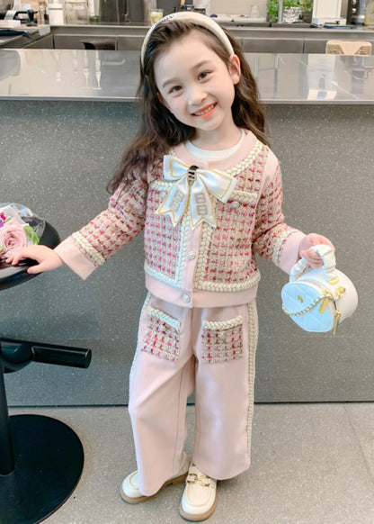 New Pink O-neck Bow Button Kids Top and Wide Leg Pants Two Pieces Set Spring
