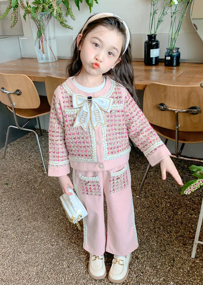 New Pink O-neck Bow Button Kids Top and Wide Leg Pants Two Pieces Set Spring