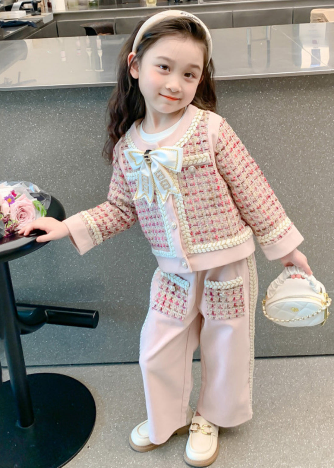 New Pink O-neck Bow Button Kids Top and Wide Leg Pants Two Pieces Set Spring