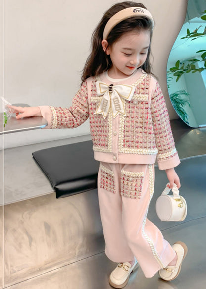 New Pink O-neck Bow Button Kids Top and Wide Leg Pants Two Pieces Set Spring