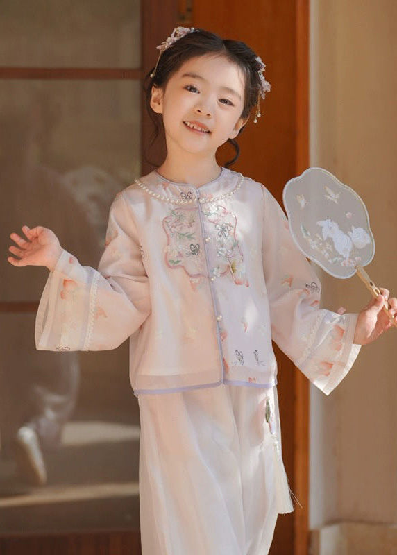 New Pink O-neck Embroideried Silk Top and Crop Pants Two Pieces Set Flare Sleeve