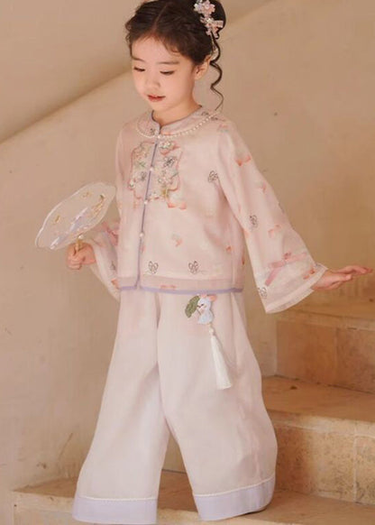 New Pink O-neck Embroideried Silk Top and Crop Pants Two Pieces Set Flare Sleeve