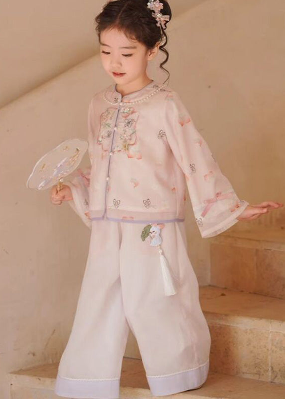New Pink O-neck Embroideried Silk Top and Crop Pants Two Pieces Set Flare Sleeve