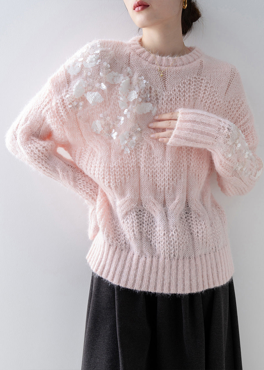 New Pink O Neck Sequins Knit Sweater Tops Spring
