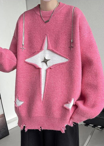 New Pink O Neck Hole Cozy Knit Sweater Fall