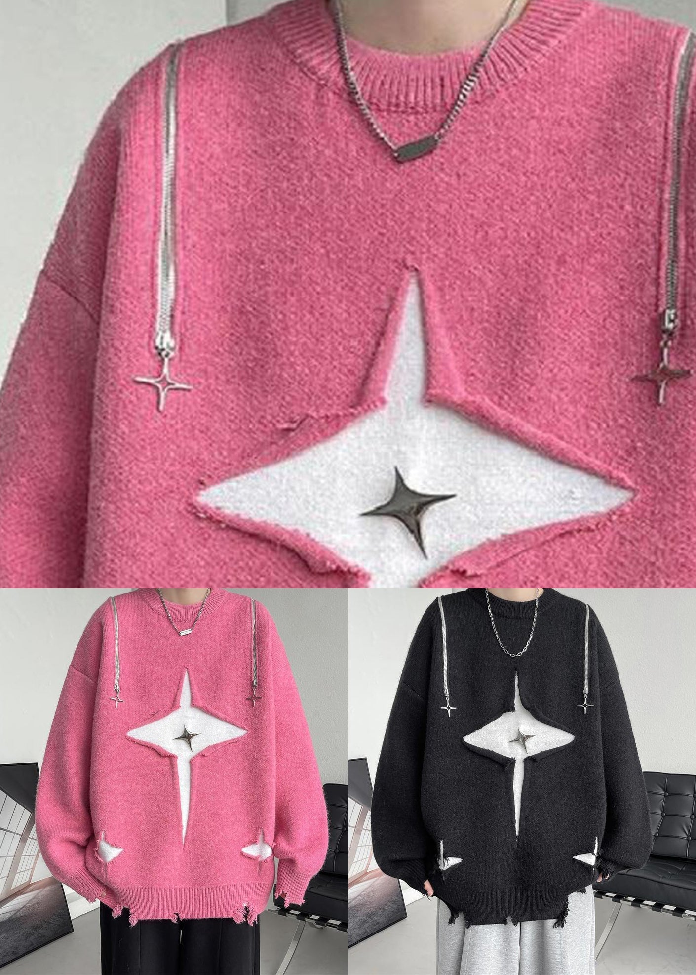 New Pink O Neck Hole Cozy Knit Sweater Fall
